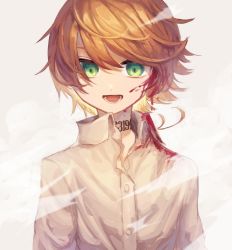 Rule 34 | 1girl, :d, blonde hair, blood, blood on clothes, blood on face, blouse, collared shirt, dress shirt, emma (yakusoku no neverland), green eyes, hair between eyes, highres, looking at viewer, neck tattoo, notsuki (koma128), number tattoo, open mouth, shirt, short hair, smile, solo, swept bangs, tattoo, upper body, white background, white shirt, wing collar, yakusoku no neverland