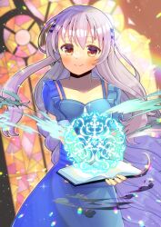 Rule 34 | 1girl, blue dress, book, braid, brown eyes, closed mouth, collarbone, commentary request, dress, grey hair, hair between eyes, hair ornament, hairclip, holding, holding book, kou hiyoyo, long hair, looking at viewer, magic circle, open book, original, puffy short sleeves, puffy sleeves, short sleeves, smile, solo, stained glass, very long hair