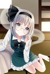 Rule 34 | 1girl, barefoot, black bow, black bowtie, black hairband, black ribbon, blue eyes, blush, bow, bowtie, breasts, buttons, closed mouth, collared shirt, commentary request, door, dress, eyelashes, eyes visible through hair, floor, frills, ghost, glasses, green dress, grey hair, hair between eyes, hairband, hands up, highres, hitodama, indoors, konpaku youmu, konpaku youmu (ghost), long sleeves, looking at viewer, medium breasts, pillow, puffy long sleeves, puffy sleeves, ribbon, shadow, shirt, short hair, sitting, solo, stigma1101, touhou, wall, white shirt