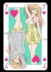 Rule 34 | 1girl, absurdres, arm up, barbell piercing, bare legs, bare shoulders, blonde hair, card, ear piercing, episode number, fake nails, hand in own hair, heart, heart card, highres, hood, hoodie, jewelry, kitagawa marin, multicolored hair, official art, piercing, pink hair, playing card, red eyes, ring, smile, sono bisque doll wa koi wo suru, yamazaki jun