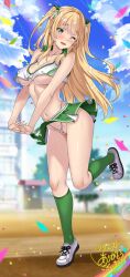 1girl blonde_hair blurry blurry_background blush breasts cameltoe cheerleader clothes_lift cloud cloudy_sky commission confetti full_body green_eyes green_skirt green_socks highres kneehighs long_hair looking_at_viewer macaroni_hourensou miniskirt navel one_eye_closed open_mouth original panties skirt skirt_lift sky socks solo standing standing_on_one_leg sunlight thong two_side_up underboob underwear white_panties wind wind_lift