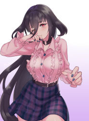 Rule 34 | 1girl, arm up, belt, belt skirt, black hair, blue nails, blush, breasts, buttons, chamame, checkered clothes, checkered skirt, choker, closed mouth, collared shirt, expressionless, frilled shirt, frills, gradient background, hair between eyes, highres, large breasts, long hair, medium skirt, multicolored background, nail polish, o-ring, o-ring choker, pink shirt, purple background, red eyes, shirt, sidelocks, skirt, solo, standing, very long hair, white background, yamada tae, zombie land saga