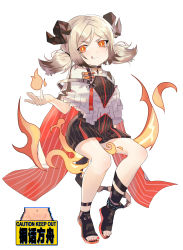 Rule 34 | 1girl, :q, absurdres, arknights, bare legs, black dress, black footwear, capelet, chinese commentary, commentary request, dress, fh moya, highres, horns, ifrit (arknights), invisible chair, looking at viewer, low twintails, nail polish, orange eyes, pencil dress, shoes, short dress, silver hair, simple background, sitting, smile, solo, toeless footwear, toenail polish, toenails, tongue, tongue out, twintails, white background, white capelet, aged down