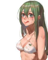 Rule 34 | 10s, 1girl, :&gt;, absurdres, asui tsuyu, bikini, black eyes, black sclera, boku no hero academia, colored sclera, frog girl, highres, liudaohai6001, long hair, looking at viewer, low-tied long hair, simple background, smile, solo, swimsuit, tongue, tongue out, white background