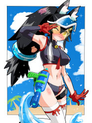 Rule 34 | 1girl, absurdres, adapted costume, alternate costume, animal ear fluff, animal ears, beach, bikini, bikini bottom only, blush, breasts, covered erect nipples, crop top, detached sleeves, embarrassed, full-face blush, gloves, highres, hololive, holstered, kani bonara, long hair, low-tied long hair, medium breasts, ocean, ookami mio, palm tree, ponytail, red gloves, shell hair ornament, single detached sleeve, skindentation, solo, summer, sunglasses, swimsuit, tail, tail around own leg, tail wrap, thighhighs, tree, virtual youtuber, visor cap, water gun, wavy mouth, wolf ears, wolf girl, yellow eyes