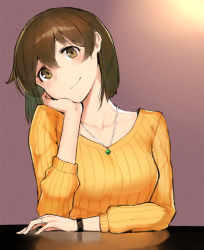 Rule 34 | 1girl, alternate costume, blush, breasts, brown eyes, brown hair, closed mouth, collarbone, commentary request, elbow rest, fingernails, gradient background, hair between eyes, head rest, head tilt, highres, hiryuu (kancolle), jewelry, kantai collection, long sleeves, looking at viewer, necklace, orange sweater, poco (backboa), ribbed sweater, ring, short hair, smile, solo, sweater, table, wedding band, wristband