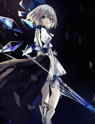 Rule 34 | 1girl, back, back cutout, bad id, bad pixiv id, blue bow, blue eyes, blue hair, blue ribbon, bow, cirno, clothing cutout, detached wings, dress, fairy, green night, hair between eyes, hair bow, highres, holding, holding polearm, holding spear, holding weapon, ice, ice wings, light blue hair, overskirt, polearm, ribbon, short dress, solo, spear, touhou, weapon, wings