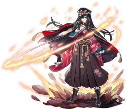 Rule 34 | 1girl, ark order, artist request, bandaged arm, bandaged leg, bandages, black cape, black gloves, black hair, black hat, boots, breasts, brown footwear, brown skirt, cape, cleavage, expressionless, fire, full body, gloves, hakama, hakama skirt, hat, highres, holding, holding sheath, holding sword, holding weapon, japanese clothes, katana, kimono, large breasts, long hair, long skirt, long sleeves, looking at viewer, military hat, official art, one eye covered, ookuninushi (ark order), pink kimono, red eyes, sarashi, sheath, sidelocks, single bare shoulder, skirt, solo, sword, tachi-e, taishou, transparent background, unsheathed, very long hair, weapon, wide sleeves, yagasuri