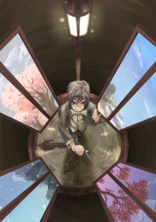 Rule 34 | 1boy, conductor baton, beach, bird, black hair, blue eyes, bow, bowtie, cherry blossoms, clock, conductor, formal, from above, hiiragi shou, lamp, male focus, mountain, original, seasons, snow, solo, suit, traditional bowtie, tree, window