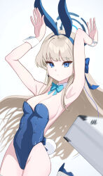Rule 34 | 1girl, animal ears, aqua bow, aqua bowtie, armpits, arms up, bare shoulders, blonde hair, blue archive, blue eyes, blue footwear, blue hairband, blue leotard, bow, bowtie, breasts, closed mouth, commentary, detached collar, expressionless, fake animal ears, fake tail, hairband, halo, high heels, highleg, highleg leotard, highres, leotard, long hair, medium breasts, official alternate costume, official alternate hairstyle, playboy bunny, rabbit ears, rabbit pose, rabbit tail, revision, sideboob, simple background, solo, strapless, strapless leotard, tail, toki (blue archive), toki (bunny) (blue archive), udon f, white background, wrist cuffs