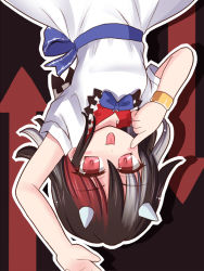 Rule 34 | 1girl, akanbe, blush, dress, eyelid pull, fang, grey horns, hand on own face, horns, kijin seija, multicolored hair, red eyes, ribbon, ry (yagoyago), solo, tongue, tongue out, touhou, upside-down