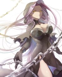 Rule 34 | 1girl, breasts, chain, choker, cleavage, dress, elbow gloves, fate/grand order, fate/stay night, fate (series), gloves, hood, lips, long hair, medusa (fate), medusa (lancer) (fate), medusa (lancer alter) (fate), medusa (rider) (fate), open mouth, purple hair, rider, very long hair, yellow eyes