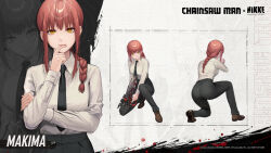 Rule 34 | 1girl, buttoned cuffs, buttons, chainsaw man, formal, goddess of victory: nikke, gun, highres, makima (chainsaw man), office lady, official art, ponytail, red hair, ringed eyes, smile, solo, squatting, suit, tagme, weapon, yellow eyes