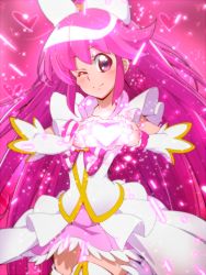 Rule 34 | 10s, 1girl, aino megumi, arm warmers, bow, cure lovely, forever lovely, hair bow, happinesscharge precure!, heart, heart hands, long hair, magical girl, one eye closed, pink background, pink eyes, pink hair, precure, skirt, smile, solo, sparkle, thighhighs, tj-type1