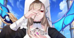 Rule 34 | 1girl, absurdres, animal print, aponia (honkai impact), black collar, black sleeves, blonde hair, blue sky, butterfly print, chinese commentary, closed mouth, collar, commentary request, detached sleeves, expressionless, flower, half-closed eyes, hamilundenongdizhe, hand up, highres, honkai (series), honkai impact 3rd, lace collar, looking at viewer, medium hair, mole, mole under eye, nun, official alternate eye color, one eye covered, outdoors, portrait, pose request, red eyes, sky, solo, straight-on, thorns, white flower, white sleeves, white veil