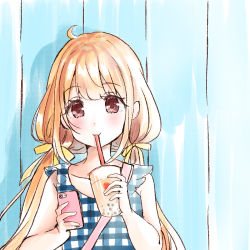 Rule 34 | 1girl, :3, ahoge, arms up, blue dress, blush, brown eyes, bubble tea, closed mouth, collarbone, commentary, cup, dress, drinking, futaba anzu, highres, holding, holding cup, holding phone, idolmaster, idolmaster cinderella girls, idolmaster cinderella girls starlight stage, long hair, looking at viewer, phone, plaid, plaid dress, purse strap, ribbon, rino cnc, sleeveless, sleeveless dress, smile, solo, strap, twintails, upper body, very long hair, yellow ribbon