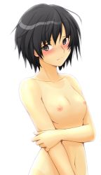 Rule 34 | 1girl, amagami, black hair, blush, breasts, brown eyes, completely nude, highres, nanasaki ai, navel, nipples, nude, one-piece tan, sasaki akira (ugc), short hair, simple background, small breasts, solo, swimsuit, tan, tanline