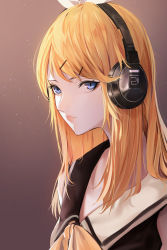 Rule 34 | 1girl, absurdres, alternate hair length, alternate hairstyle, blonde hair, blue eyes, bow, brown background, closed mouth, commentary, expressionless, gradient background, hair bow, hair ornament, hairclip, headphones, highres, kagamine rin, lips, long hair, looking at viewer, matsunaga777, neckerchief, pink lips, portrait, roshin yuukai (vocaloid), simple background, solo, vocaloid, white bow, yellow neckerchief