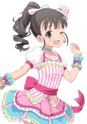 Rule 34 | 1girl, ;d, black eyes, black hair, blue choker, blush, bow, buchi (y0u0ri ), choker, collarbone, dot nose, dress, flat chest, fukuyama mai, hair ornament, hand up, hat, idolmaster, idolmaster cinderella girls, idolmaster cinderella girls starlight stage, idolmaster cinderella girls u149, layered dress, long hair, looking at viewer, microphone, mini hat, multicolored clothes, multicolored dress, multicolored ribbon, multicolored scrunchie, one eye closed, open mouth, ponytail, ribbon, scrunchie, simple background, smile, solo, standing, striped clothes, striped dress, vertical stripes, white background