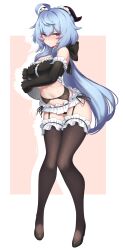 Rule 34 | 1girl, ahoge, alternate costume, back bow, bare shoulders, bikini, bikini skirt, black bikini, black bow, black footwear, black garter belt, black gloves, black thighhighs, blue hair, blush, bow, breasts, bridal garter, commentary request, crop top, dev (dev0614), elbow gloves, enmaided, frilled garter, full body, ganyu (genshin impact), garter belt, genshin impact, gloves, goat horns, hair between eyes, hair bow, high heels, highres, holding, holding tray, horns, knees together feet apart, large breasts, legs, long hair, looking at viewer, low ponytail, maid, maid bikini, maid headdress, navel, pink background, purple eyes, side-tie bikini bottom, solo, stomach, string bikini, swimsuit, tachi-e, thighhighs, thighs, tray, two-tone background, unconventional maid, v-shaped eyebrows, very long hair, white background
