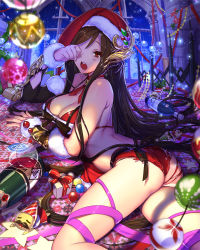 Rule 34 | 1girl, alcohol, arm warmers, ass, bare shoulders, bikini, black hair, bottle, box, breasts, champagne, christmas, christmas ornaments, cleavage, cup, drinking glass, empew, from behind, gift, gift box, hat, hip flask, indoors, large breasts, long hair, looking at viewer, lying, neck ribbon, on floor, on stomach, open mouth, original, red bikini, red eyes, ribbon, rubbing eyes, santa hat, shade, solo, swimsuit, tenkuu no crystalia, very long hair, waking up, window, wine, wine bottle, wine glass, yawning
