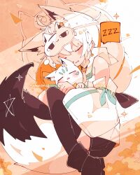 Rule 34 | 1girl, absurdres, ahoge, animal, animal ear fluff, animal ears, animal hug, black footwear, black ribbon, black shorts, black thighhighs, blue neckerchief, blush, boots, braid, closed eyes, commentary request, detached sleeves, drooling, earrings, english text, extra ears, fox ears, fox girl, fox tail, hair between eyes, hair ribbon, haru57928031, highres, hololive, hood, hoodie, jewelry, long hair, long sleeves, low ponytail, lying, neckerchief, on side, open mouth, pentagram, ribbon, shirakami fubuki, shirakami fubuki (1st costume), short shorts, shorts, side braid, sidelocks, single earring, single thighhigh, sleep mask, sleeping, solo, sukonbu (shirakami fubuki), tail, thighhighs, virtual youtuber, white hair, white hoodie, white sleeves, wide sleeves, zzz