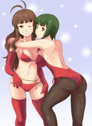Rule 34 | 00s, 2girls, antenna hair, ass, back, backless leotard, bare back, bare shoulders, belly chain, bikini, blunt bangs, breasts, brown eyes, brown hair, clenched teeth, elbow gloves, female focus, gloves, green hair, hand under clothes, hand under swimsuit, hidaka mai, highres, hug, idolmaster, idolmaster (classic), idolmaster dearly stars, jewelry, leotard, long hair, looking back, mole, mole under mouth, multiple girls, one eye closed, otonashi kotori, pantyhose, red eyes, red legwear, short hair, skindentation, smile, strapless, swimsuit, teeth, thighhighs, toshifumi, wink