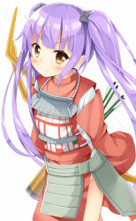 Rule 34 | 1girl, armor, arrow (projectile), blunt bangs, highres, japanese clothes, long hair, looking at viewer, maccha, oshiro project:re, oshiro project:re, purple hair, simple background, solo, taga (oshiro project), twintails, very long hair, white background