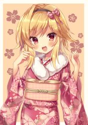 Rule 34 | 1girl, :d, absurdres, achico 999, alternate costume, black hairband, blonde hair, blush, border, bow, commentary request, commission, cowboy shot, floral background, floral print, fur-trimmed kimono, fur trim, hair bow, hairband, hands up, happy, highres, japanese clothes, kimono, kin-iro loveriche, light brown background, long sleeves, looking at viewer, medium hair, open mouth, pink bow, print kimono, red eyes, red kimono, simple background, single hair intake, skima commission, smile, solo, souma ria, swept bangs, white border, wide sleeves