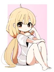 Rule 34 | 1girl, ahoge, arm rest, ass, bad id, bad pixiv id, bare legs, barefoot, blonde hair, blunt bangs, blush, brown eyes, commentary request, dress shirt, female focus, full body, futaba anzu, hand on own cheek, hand on own face, hand rest, highres, idolmaster, idolmaster cinderella girls, idolmaster cinderella girls starlight stage, knees up, long hair, long shirt, looking at viewer, low twintails, messy hair, no panties, off shoulder, pink background, seu 9 (banya), shirt, sidelocks, simple background, sitting, solo, twintails, very long hair, white background, white shirt