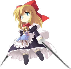 Rule 34 | 1girl, alice margatroid, apron, blonde hair, blue eyes, bow, capelet, cross-laced footwear, dual wielding, female focus, goliath doll, hair bow, holding, kuroyurihaze, long hair, long skirt, long sleeves, puffy sleeves, short hair, short sleeves, skirt, sword, touhou, weapon, white background