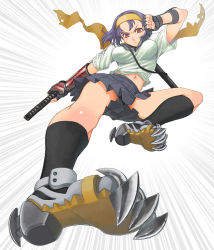 Rule 34 | 1girl, black socks, blue eyes, claws, clenched hand, closed mouth, copyright request, covered erect nipples, emphasis lines, foreshortening, full body, gloves, grey shirt, grey skirt, headband, highres, holding, holding sword, holding weapon, itou (onsoku tassha), kicking, midriff, navel, perspective, pleated skirt, red eyes, shirt, short hair, short sleeves, skirt, socks, solo, sword, weapon, white background