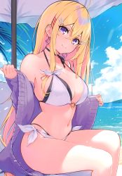 Rule 34 | 1girl, absurdres, bare shoulders, bikini, blonde hair, blue sky, blush, breasts, cleavage, closed mouth, cloud, cloudy sky, collarbone, cu-no, day, earrings, fingernails, hair ornament, hairclip, hakurei botan, highres, hisen kaede, jewelry, large breasts, lips, long hair, looking at viewer, nail polish, navel, ocean, off shoulder, outdoors, purple eyes, scan, simple background, sitting, sky, smile, solo, stomach, swimsuit, thighs, water