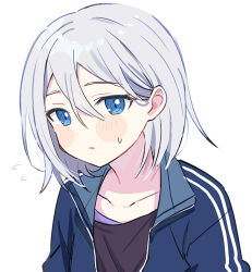 Rule 34 | 1girl, blue eyes, blue hair, commentary request, dot nose, hair between eyes, jacket, looking at viewer, parted lips, pjmiyo, project sekai, short hair, simple background, solo, track jacket, white background, yoisaki kanade