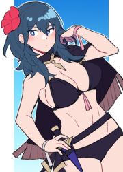 Rule 34 | 1girl, alternate costume, bare arms, bare shoulders, belt, bikini, black belt, black bikini, black cape, blue eyes, blue hair, breasts, byleth (female) (fire emblem), byleth (female) (summer) (fire emblem), byleth (fire emblem), cape, cleavage, cowboy shot, do m kaeru, female focus, fire emblem, fire emblem: three houses, fire emblem heroes, flower, hair flower, hair ornament, large breasts, long hair, navel, nintendo, official alternate costume, red flower, sideboob, solo, standing, stomach, swimsuit