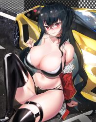 Rule 34 | 1girl, absurdres, ahoge, arm support, azur lane, bare shoulders, bikini, bikini pull, black bikini, black choker, black hair, black thighhighs, blush, breasts, car, choker, cleavage, clothes pull, collarbone, commentary request, crossed bangs, eyewear on head, groin, hair between eyes, halterneck, highleg, highleg bikini, highres, jacket, knee up, large breasts, long hair, looking at viewer, midriff, motor vehicle, mua (mua pb), multi-strapped bikini bottom, multiple straps, navel, off-shoulder jacket, off shoulder, official alternate costume, one side up, parted lips, pulling own clothes, race queen, red eyes, red jacket, shiny skin, sidelocks, sitting, skindentation, smile, solo, strap pull, sunglasses, swimsuit, taihou (azur lane), taihou (enraptured companion) (azur lane), thigh gap, thigh strap, thighhighs, very long hair