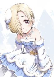 Rule 34 | 1girl, bare shoulders, blonde hair, blue nails, blush, bow, breasts, child, detached sleeves, dress, earrings, feet out of frame, flower, frilled dress, frilled sleeves, frills, fur trim, hair bow, hair ornament, hair over one eye, idolmaster, idolmaster cinderella girls, jewelry, looking at viewer, multiple necklaces, nail polish, necklace, parted bangs, pearl necklace, pendant, pink eyes, ribbon, rose, shirasaka koume, short hair, sitting, sleeves past wrists, small breasts, smile, snowflake background, snowflake print, solo, strapless, strapless dress, swept bangs, tube dress, white flower, white legwear, white rose, yellow flower, yukie (kusaka shi)