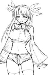 Rule 34 | 1girl, bare shoulders, crop top, cutoffs, denim, denim shorts, detached sleeves, greyscale, happy, light smile, long hair, long sleeves, midriff, monochrome, navel, phantasy star, phantasy star universe, short shorts, shorts, simple background, sketch, solo, standing, thighhighs, white background, wide sleeves