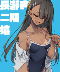 Rule 34 | 10mo, 1girl, asymmetrical bangs, black hair, blue background, breasts, brown eyes, clothes pull, collarbone, competition swimsuit, cowboy shot, dark-skinned female, dark skin, earclip, fang, hair ornament, hairclip, highres, ijiranaide nagatoro-san, looking at viewer, nagatoro hayase, one-piece swimsuit, one-piece swimsuit pull, one-piece tan, skin fang, small breasts, swimsuit, tan, tanline
