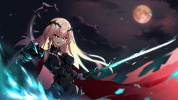 Rule 34 | 1girl, absurdres, alternate costume, braid, breasts, cloak, cloud, cloudy sky, girls&#039; frontline, hair ornament, highres, holding, holding sword, holding weapon, long hair, looking away, moon, negev (girls&#039; frontline), negev (obsidian princess) (girls&#039; frontline), night, night sky, open mouth, pink hair, priest77, red cloak, red eyes, sky, smirk, solo, sword, weapon