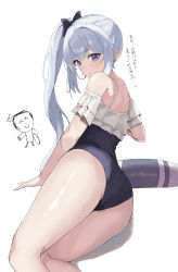 Rule 34 | 1boy, 1girl, absurdres, ass, bare legs, blue archive, blue one-piece swimsuit, blush, bow, chibi, chibi inset, doodle sensei (blue archive), feet out of frame, frilled one-piece swimsuit, frills, grey hair, hair bow, higashiwun izumi, highres, innertube, long hair, looking at viewer, miyako (blue archive), miyako (swimsuit) (blue archive), official alternate costume, one-piece swimsuit, purple eyes, sensei (blue archive), side ponytail, swim ring, swimsuit, translation request, very long hair