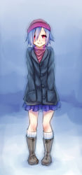 Rule 34 | 1girl, beanie, blue hair, blush, boots, hands in pockets, hat, monorus, pigeon-toed, pleinair, red eyes, skirt, smile, snow, socks, solo, winter clothes