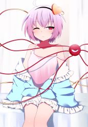 Rule 34 | 1girl, ahoge, bare shoulders, bed, black hairband, blouse, blue shirt, bow, breasts, closed mouth, collarbone, collared shirt, commentary request, curtains, frills, gradient hair, hair between eyes, hairband, heart, highres, indoors, komeiji satori, long sleeves, looking to the side, medium breasts, multicolored hair, on bed, one eye closed, open clothes, open mouth, open shirt, pajamas, pink hair, pink shirt, purple hair, red eyes, shirt, short hair, shorts, sitting, sleeveless, sleeveless shirt, solo, t-shirt, third eye, touhou, wall, white bow, white shorts, wide sleeves, you (noanoamoemoe)