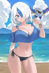 Rule 34 | 1girl, bare shoulders, beach, bikini, black bikini, blue bikini, blue eyes, blue hair, blue sky, blush, bracelet, breasts, character request, cleavage, cloud, cloudy sky, collarbone, commentary, commission, copyright request, hair over one eye, highres, hood (james x), jewelry, kirby (series), large breasts, looking at viewer, medium hair, meta knight, multicolored hair, navel, nintendo, ocean, open mouth, sky, smile, solo, standing, stomach, streaked hair, swimsuit, white hair