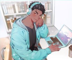 Rule 34 | black hair, book, bookshelf, cafe, cat, chair, computer, dark skin, hamster, hand on own face, headphones, jacket, jewelry, laptop, looking at viewer, mongz, mouth piercing, original, piercing, ring, room, shirt, smile, t-shirt, text focus, yellow eyes