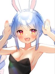 Rule 34 | 1girl, :d, animal ear fluff, animal ears, armpits, arms up, bare arms, bare shoulders, black leotard, blue hair, blush, bow, braid, breasts, cleavage, collarbone, hair bow, highres, hololive, leotard, long hair, multicolored hair, open mouth, rabbit-shaped pupils, rabbit ears, segawa luna, sidelocks, simple background, small breasts, smile, solo, strapless, strapless leotard, symbol-shaped pupils, teeth, twin braids, twintails, two-tone hair, upper body, upper teeth only, usada pekora, virtual youtuber, white background, white bow, white hair