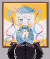 2girls ame-chan_(needy_girl_overdose) angel_wings aoiuna beret black_hair blonde_hair blue_bow blue_dress blue_eyes blue_hair blue_hat blue_sailor_collar blush bow chouzetsusaikawa_tenshi-chan closed_mouth cubism_(needy_girl_overdose) different_reflection dress dual_persona hair_bow hair_ornament half-closed_eyes hat highres long_hair long_sleeves looking_at_another mirror multicolored_hair multiple_girls needy_girl_overdose own_hands_clasped own_hands_together pink_bow pink_hair quad_tails reflection reflection_focus sailor_collar shirt smile twintails white_wings wings yellow_bow