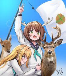 Rule 34 | 2024 attempted assassination of donald trump, 2girls, ahoge, animal, antlers, aqua neckerchief, arm up, artist name, blonde hair, blue sailor collar, blue sky, brown hair, cracker, day, deer, deer antlers, deer cracker, deer girl, flag, flagpole, food, green eyes, highres, horns, hug, koshi torako, lens flare, light blush, long hair, long sleeves, looking at viewer, meme, multiple girls, neckerchief, open mouth, outdoors, photo-referenced, profile, purple eyes, sailor collar, school uniform, serafuku, shikanoko noko, shikanoko nokonoko koshitantan, shirt, short hair, sky, sunlight, syyn (syyndev), teeth, upper body, upper teeth only, white shirt