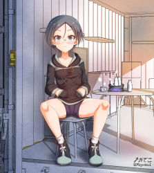 Rule 34 | 1girl, black hair, blue eyes, blue shorts, blush, breasts, closed mouth, full body, girls und panzer, glasses, hands in pockets, highres, looking at viewer, megadeko, rumi (girls und panzer), short hair, short shorts, shorts, sitting, small breasts, smile, solo, spread legs
