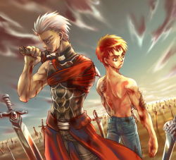 Rule 34 | 00s, 2boys, amputee, archer (fate), blood, dark skin, dark-skinned male, emiya shirou, fate/stay night, fate (series), field of blades, injury, male focus, manly, multiple boys, scar, topless male, stitches, unlimited blade works (fate)